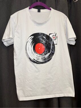White Graphic Tee with Vinyl Record Print size medium